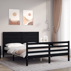 vidaXL Estructura de cama con cabecero madera maciza negro 160x200 cm