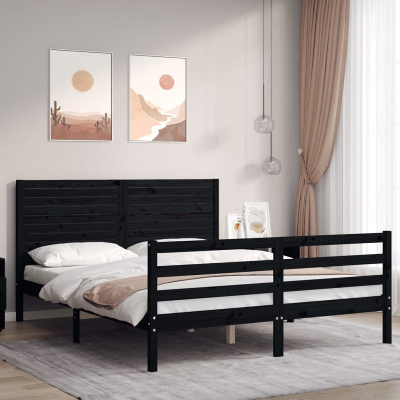 vidaXL Estructura de cama con cabecero madera maciza negro 160x200 cm vidaXL Estructura de cama con cabecero madera maciza negro 160x200 cm