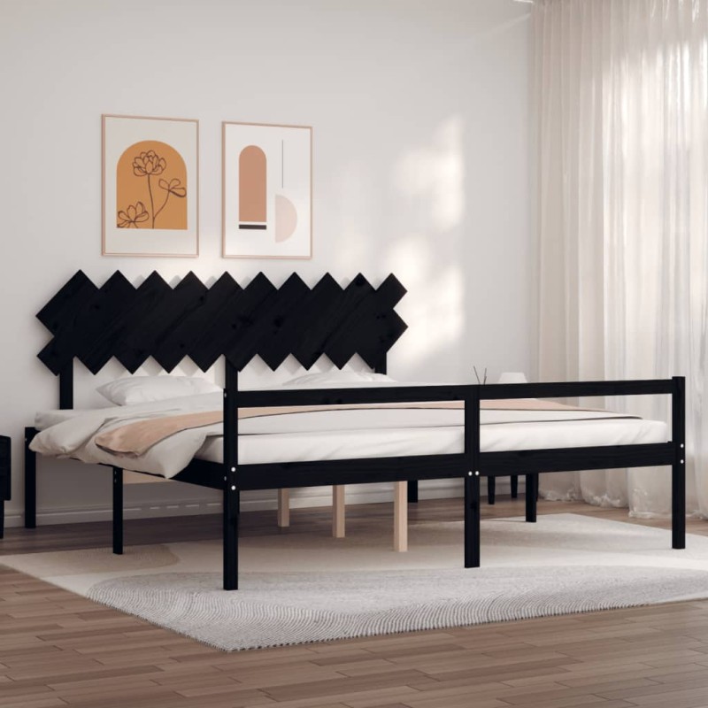 vidaXL Cama personas mayores cabecero madera maciza negro 200x200 cm vidaXL Cama personas mayores cabecero madera maciza negro 200x200 cm