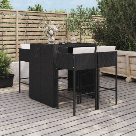 vidaXL Mesa y taburetes altos jardín 5 pzas y cojines ratán PE negro