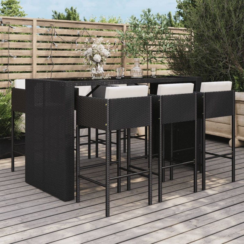 vidaXL Mesa y taburetes altos jardín y cojines 7 pzas ratán PE negro vidaXL Mesa y taburetes altos jardín y cojines 7 pzas ratán PE negro