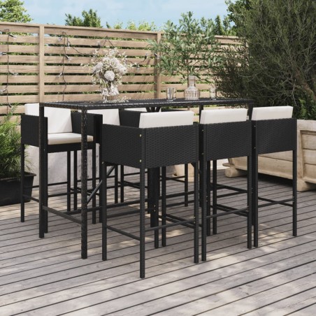 vidaXL Mesa y taburetes altos jardín y cojines 7 pzas ratán PE negro