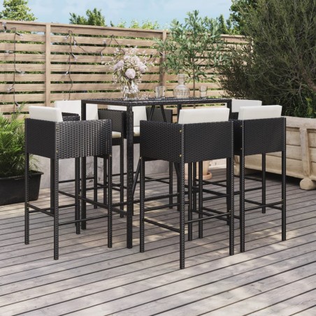 vidaXL Mesa y taburetes altos jardín y cojines 7 pzas ratán PE negro