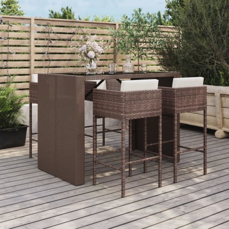 vidaXL Mesa y taburetes altos jardín 5 pzas y cojines ratán PE marrón