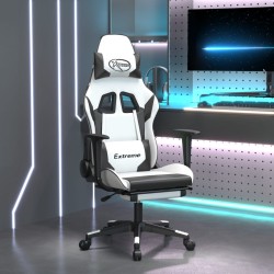 vidaXL Silla gaming con reposapiés cuero sintético blanco negro