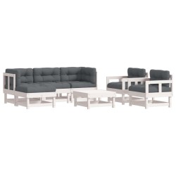 vidaXL Juego de muebles jardín 7 piezas y cojines madera maciza blanco