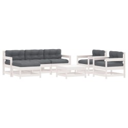 vidaXL Juego de muebles jardín 7 piezas y cojines madera maciza blanco