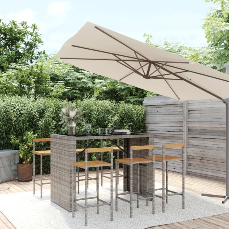 vidaXL Mesa bar y taburetes jardín 7 pzas madera acacia ratán PE gris vidaXL Mesa bar y taburetes jardín 7 pzas madera acacia ratán PE gris