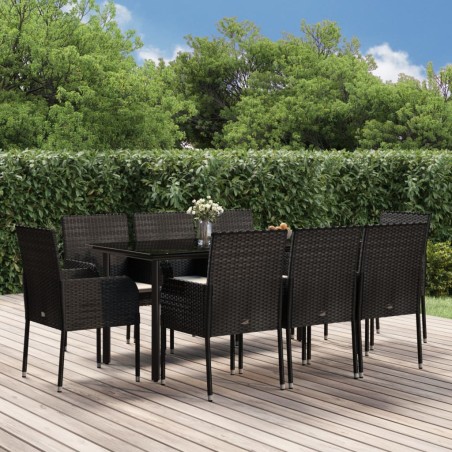 vidaXL Set de comedor de jardín 9 pzas y cojines ratán sintético negro