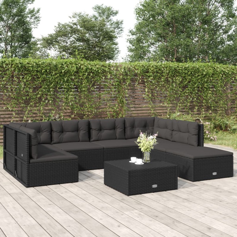 vidaXL Set de muebles de jardín y cojines 7 pzas ratán sintético negro vidaXL Set de muebles de jardín y cojines 7 pzas ratán sintético negro