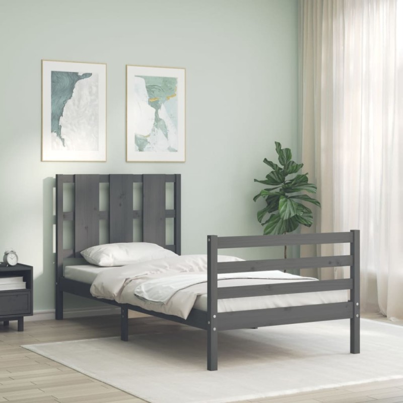 vidaXL Estructura de cama con cabecero madera maciza gris 90x200 cm vidaXL Estructura de cama con cabecero madera maciza gris 90x200 cm