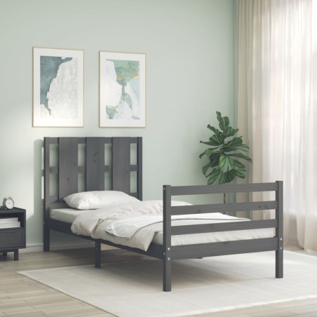 vidaXL Estructura de cama con cabecero madera maciza gris 90x200 cm