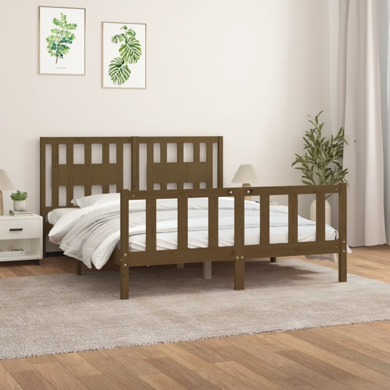 vidaXL Estructura cama con cabecero madera pino marrón miel 150x200cm vidaXL Estructura cama con cabecero madera pino marrón miel 150x200cm