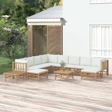 vidaXL Set de muebles de jardín 12 piezas bambú y cojines blanco crema