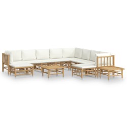 vidaXL Set de muebles de jardín 12 piezas bambú y cojines blanco crema
