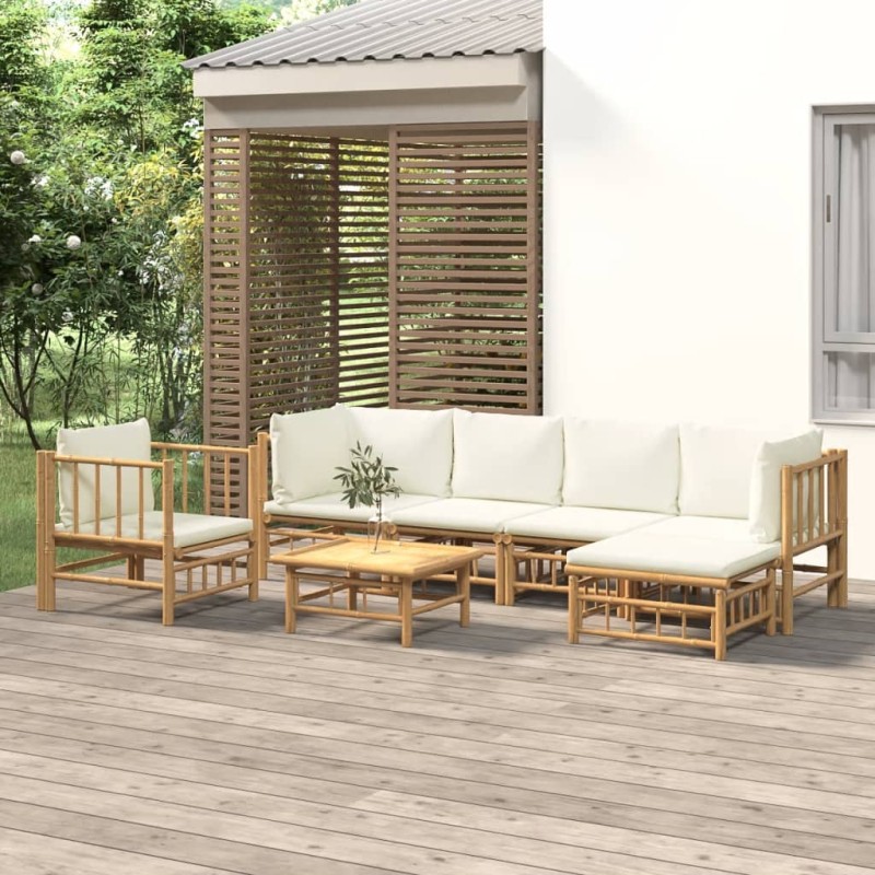 vidaXL Set de muebles de jardín 7 piezas bambú y cojines blanco crema vidaXL Set de muebles de jardín 7 piezas bambú y cojines blanco crema