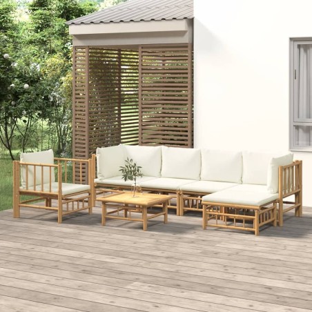 vidaXL Set de muebles de jardín 7 piezas bambú y cojines blanco crema