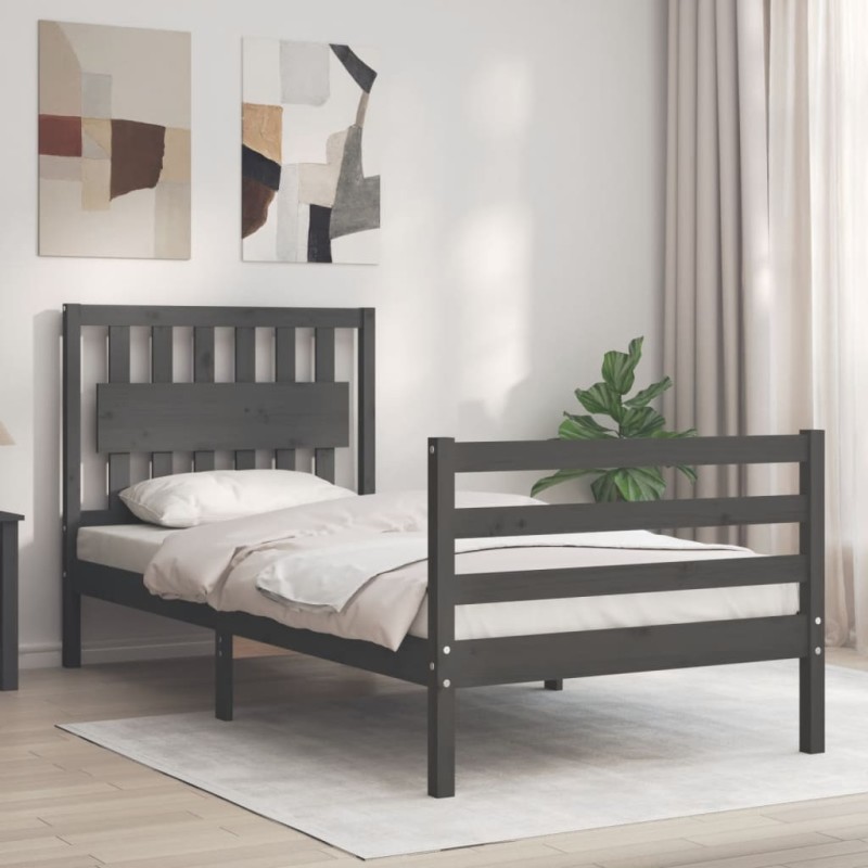 vidaXL Estructura de cama con cabecero madera maciza gris 90x200 cm vidaXL Estructura de cama con cabecero madera maciza gris 90x200 cm