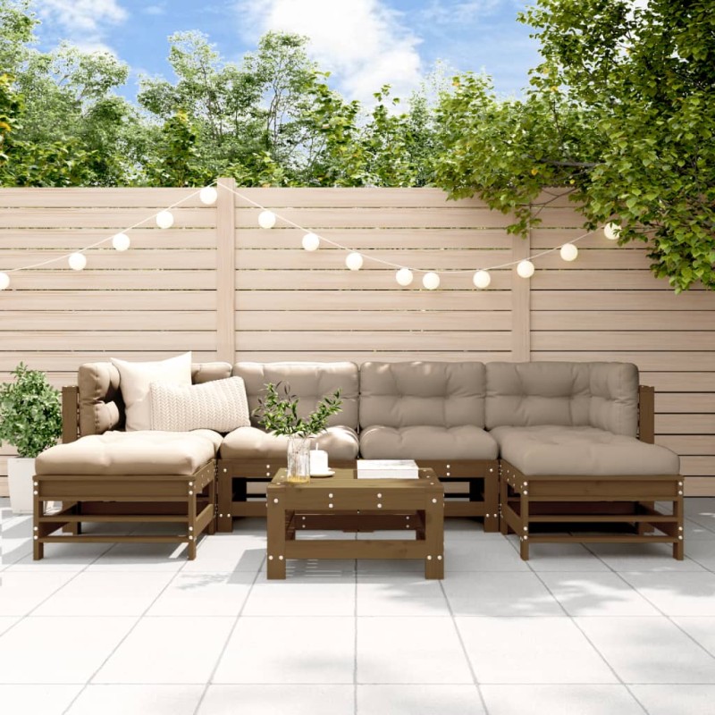 vidaXL Juego muebles jardín 7 pzas y cojines madera maciza marrón miel vidaXL Juego muebles jardín 7 pzas y cojines madera maciza marrón miel