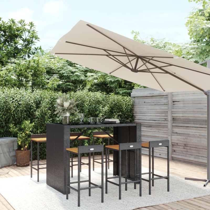 vidaXL Mesa bar y taburetes jardín 7 pzas madera acacia ratán PE negro vidaXL Mesa bar y taburetes jardín 7 pzas madera acacia ratán PE negro