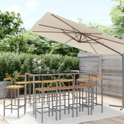 vidaXL Mesa y taburetes altos jardín 11 pzas madera y ratán PE gris