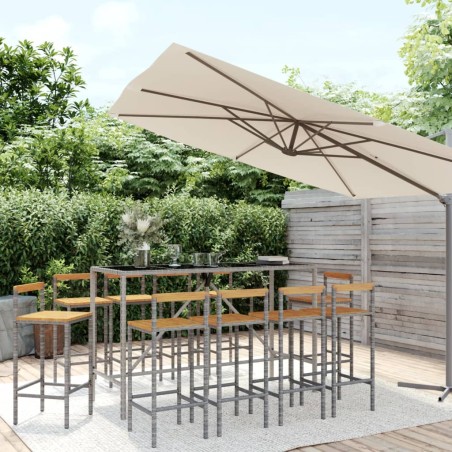 vidaXL Mesa y taburetes altos jardín 11 pzas madera y ratán PE gris