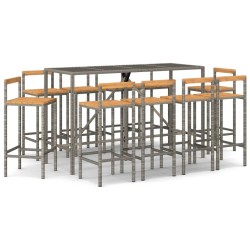 vidaXL Mesa y taburetes altos jardín 11 pzas madera y ratán PE gris