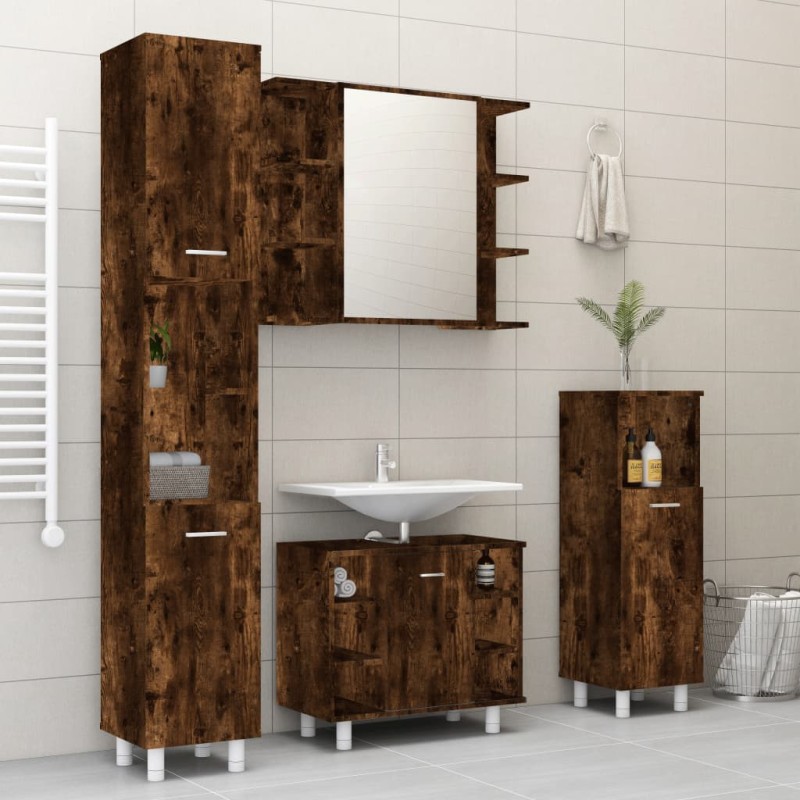 vidaXL Set de muebles de baño 4 piezas madera contrachapada roble humo vidaXL Set de muebles de baño 4 piezas madera contrachapada roble humo