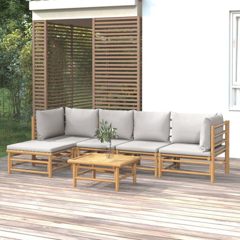 vidaXL Set de muebles de jardín 6 piezas bambú con cojines gris claro vidaXL Set de muebles de jardín 6 piezas bambú con cojines gris claro