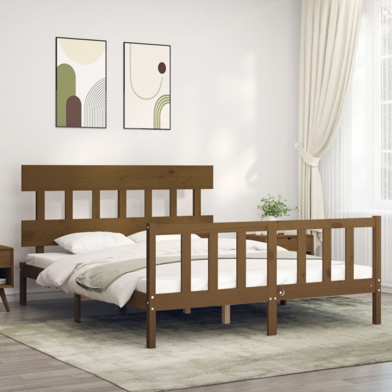 vidaXL Estructura de cama matrimonio con cabecero madera marrón miel vidaXL Estructura de cama matrimonio con cabecero madera marrón miel
