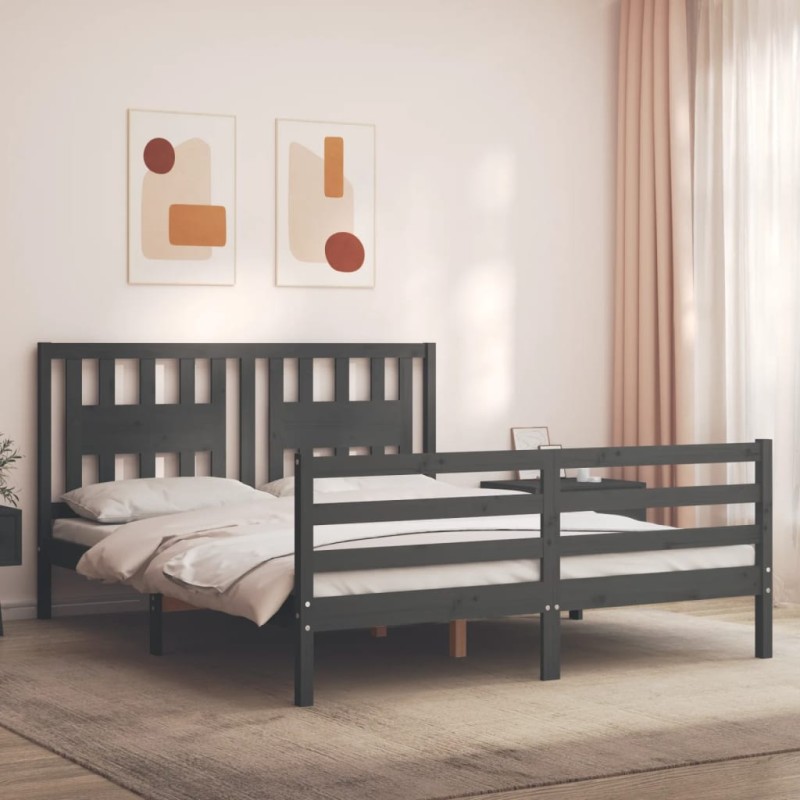 vidaXL Estructura de cama con cabecero madera maciza gris 160x200 cm vidaXL Estructura de cama con cabecero madera maciza gris 160x200 cm