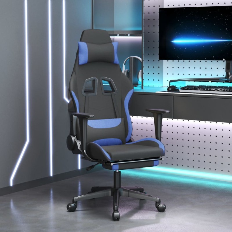 vidaXL Silla gaming de masaje con reposapiés tela negro y azul vidaXL Silla gaming de masaje con reposapiés tela negro y azul
