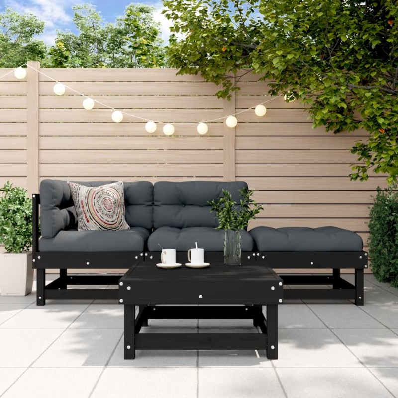 vidaXL Juego de muebles de jardín 4 pzas y cojines madera maciza negro vidaXL Juego de muebles de jardín 4 pzas y cojines madera maciza negro