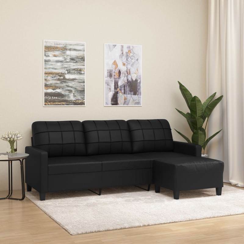 vidaXL Sofá de 3 plazas con taburete cuero sintético negro 180 cm vidaXL Sofá de 3 plazas con taburete cuero sintético negro 180 cm