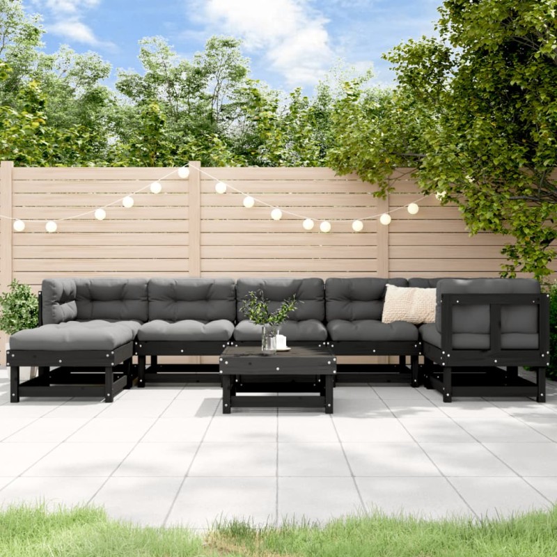 vidaXL Juego de muebles de jardín 8 pzas y cojines madera maciza negro vidaXL Juego de muebles de jardín 8 pzas y cojines madera maciza negro