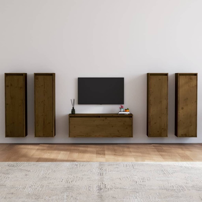 vidaXL Muebles para TV 5 piezas madera maciza de pino marrón miel vidaXL Muebles para TV 5 piezas madera maciza de pino marrón miel