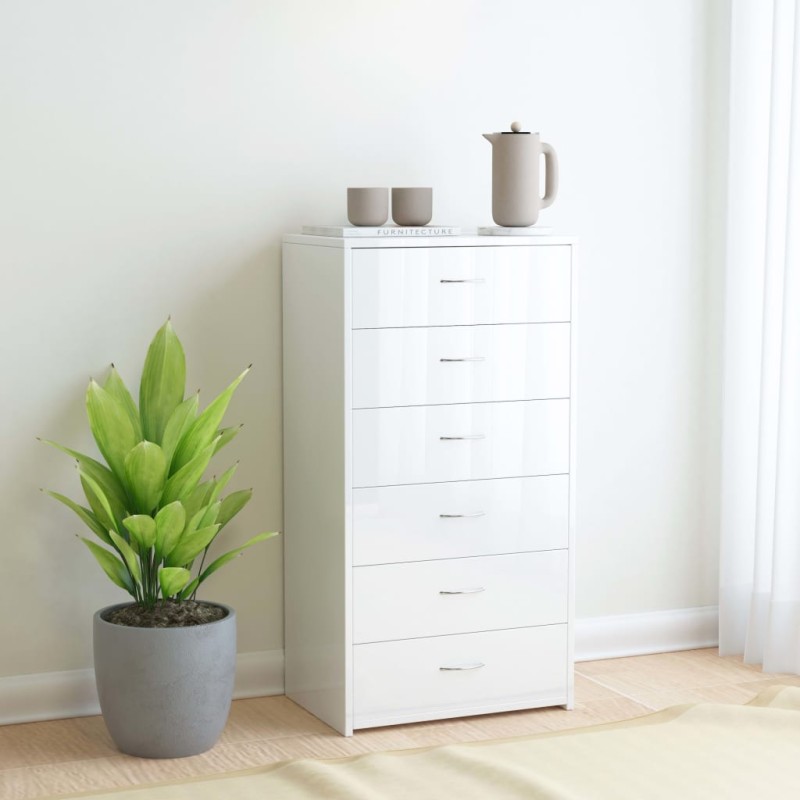 vidaXL Aparador con 6 cajones contrachapada blanco brillo 50x34x96 cm vidaXL Aparador con 6 cajones contrachapada blanco brillo 50x34x96 cm