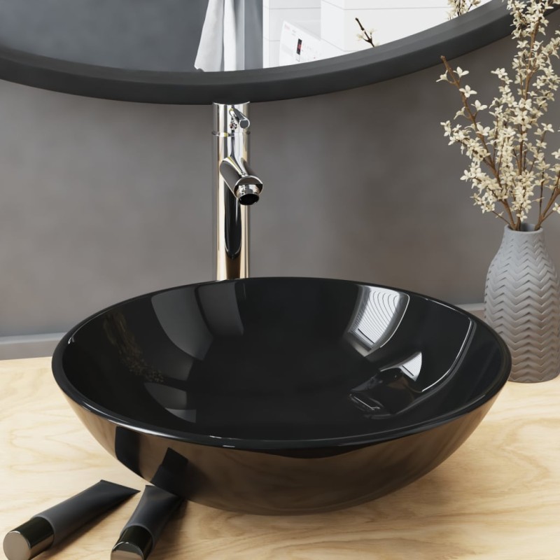 vidaXL Lavabo y grifo tapón pulsador cristal templado negro vidaXL Lavabo y grifo tapón pulsador cristal templado negro
