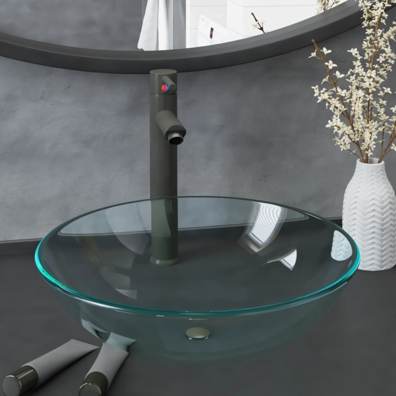 vidaXL Lavabo con grifo y tapón pulsador cristal templado transparente vidaXL Lavabo con grifo y tapón pulsador cristal templado transparente