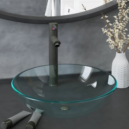 vidaXL Lavabo con grifo y tapón pulsador cristal templado transparente 