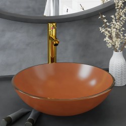 vidaXL Lavabo grifo tapón pulsador cristal templado marrón