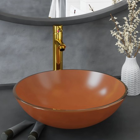 vidaXL Lavabo grifo tapón pulsador cristal templado marrón