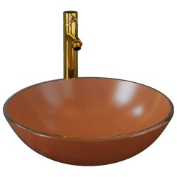 vidaXL Lavabo grifo tapón pulsador cristal templado marrón