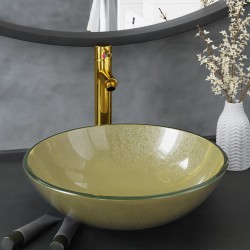 vidaXL Lavabo grifo tapón pulsador cristal templado esmerilado dorado