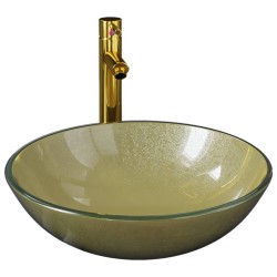 vidaXL Lavabo grifo tapón pulsador cristal templado esmerilado dorado