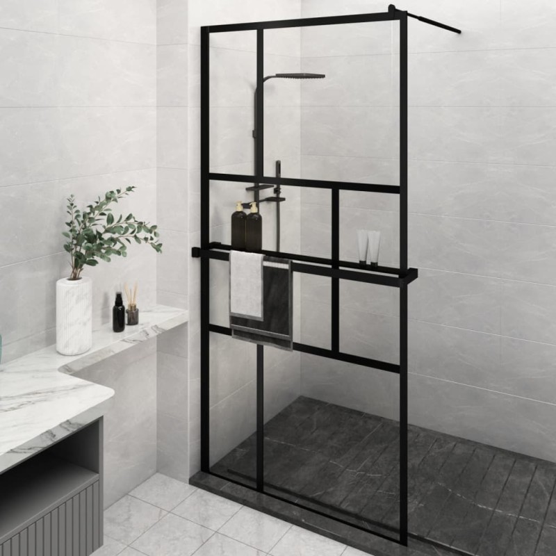 vidaXL Mampara ducha con estante vidrio ESG y aluminio negro 115x195cm vidaXL Mampara ducha con estante vidrio ESG y aluminio negro 115x195cm