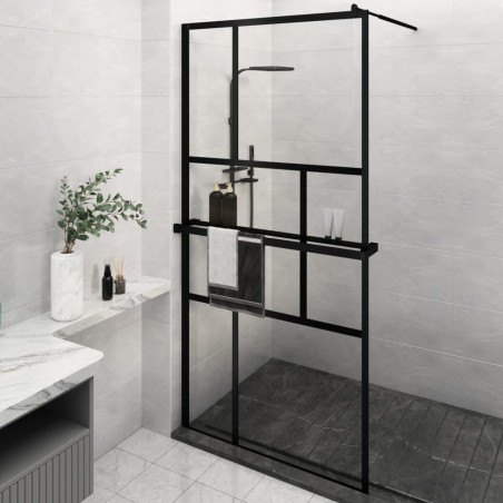 vidaXL Mampara ducha con estante vidrio ESG y aluminio negro 115x195cm