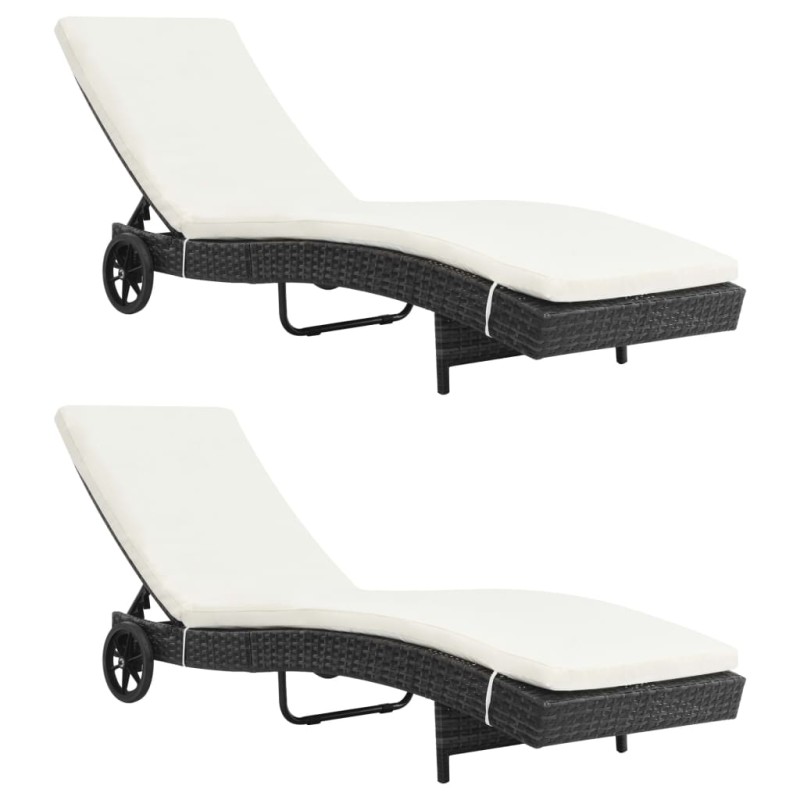 vidaXL Tumbonas con ruedas y cojines 2 unidades ratán sintético negro vidaXL Tumbonas con ruedas y cojines 2 unidades ratán sintético negro
