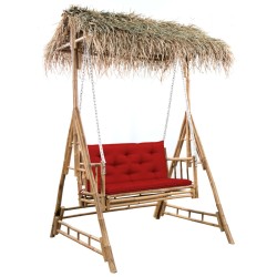 vidaXL Banco columpio de 2 plazas hojas de palma y cojín bambú 202 cm