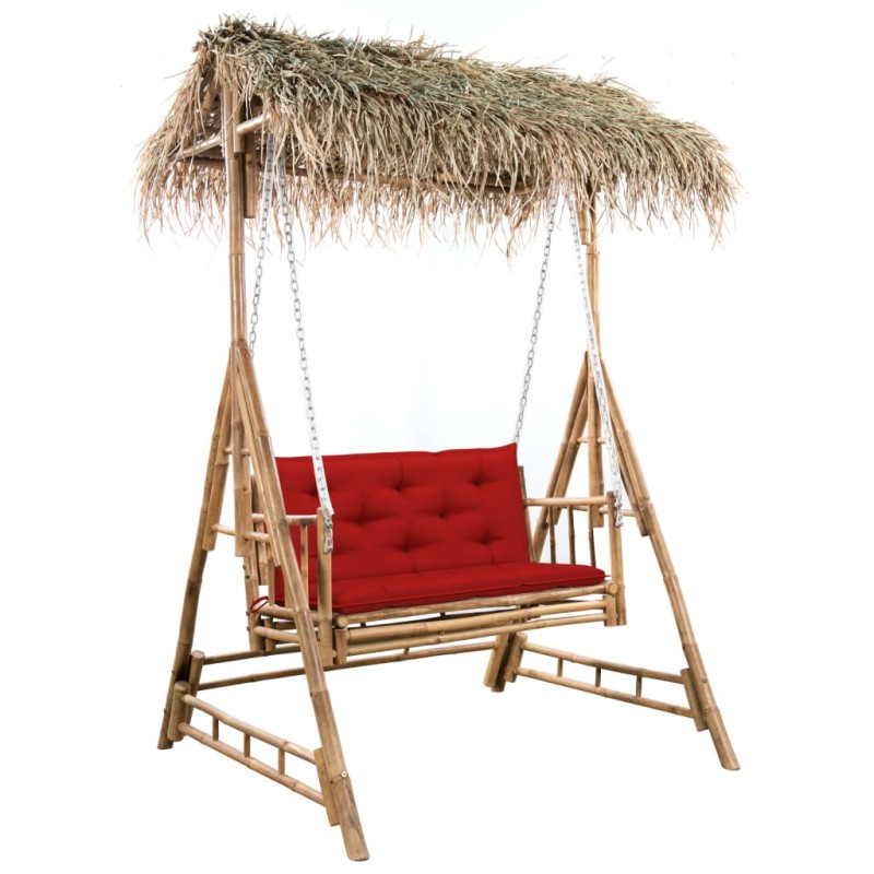 vidaXL Banco columpio de 2 plazas hojas de palma y cojín bambú 202 cm vidaXL Banco columpio de 2 plazas hojas de palma y cojín bambú 202 cm